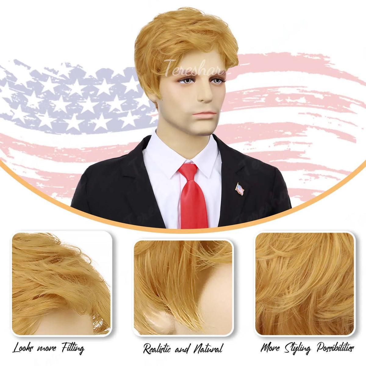 Blonde Pixie Cut Costume Wig with Red Tie and Flag Pin for Men Cosplay