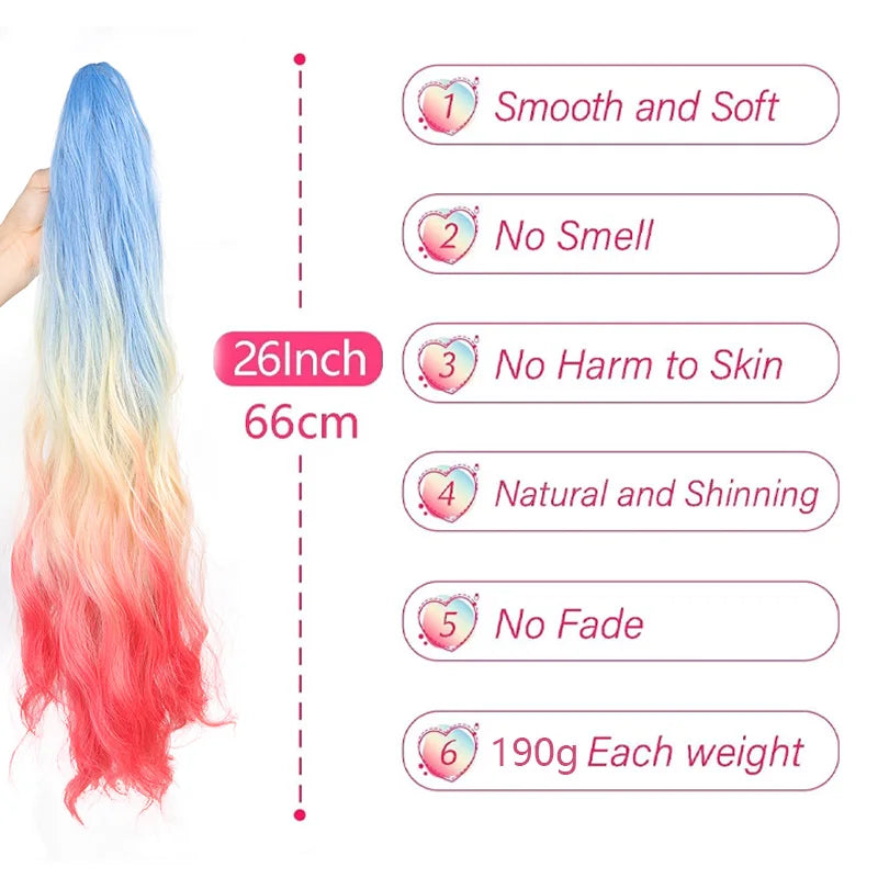 Rainbow Gradient Wavy Ponytail Hair Extension for Instant Volume