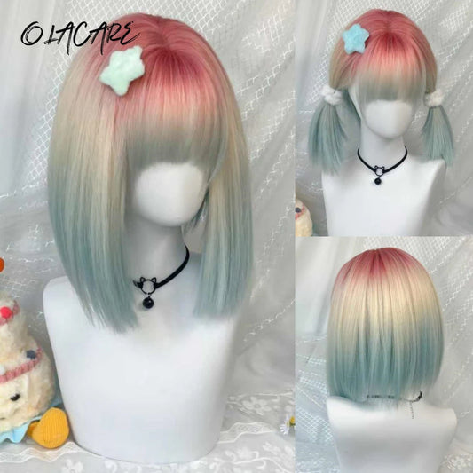 Pastel Rainbow Bob Wig with Bangs for Cosplay and Parties