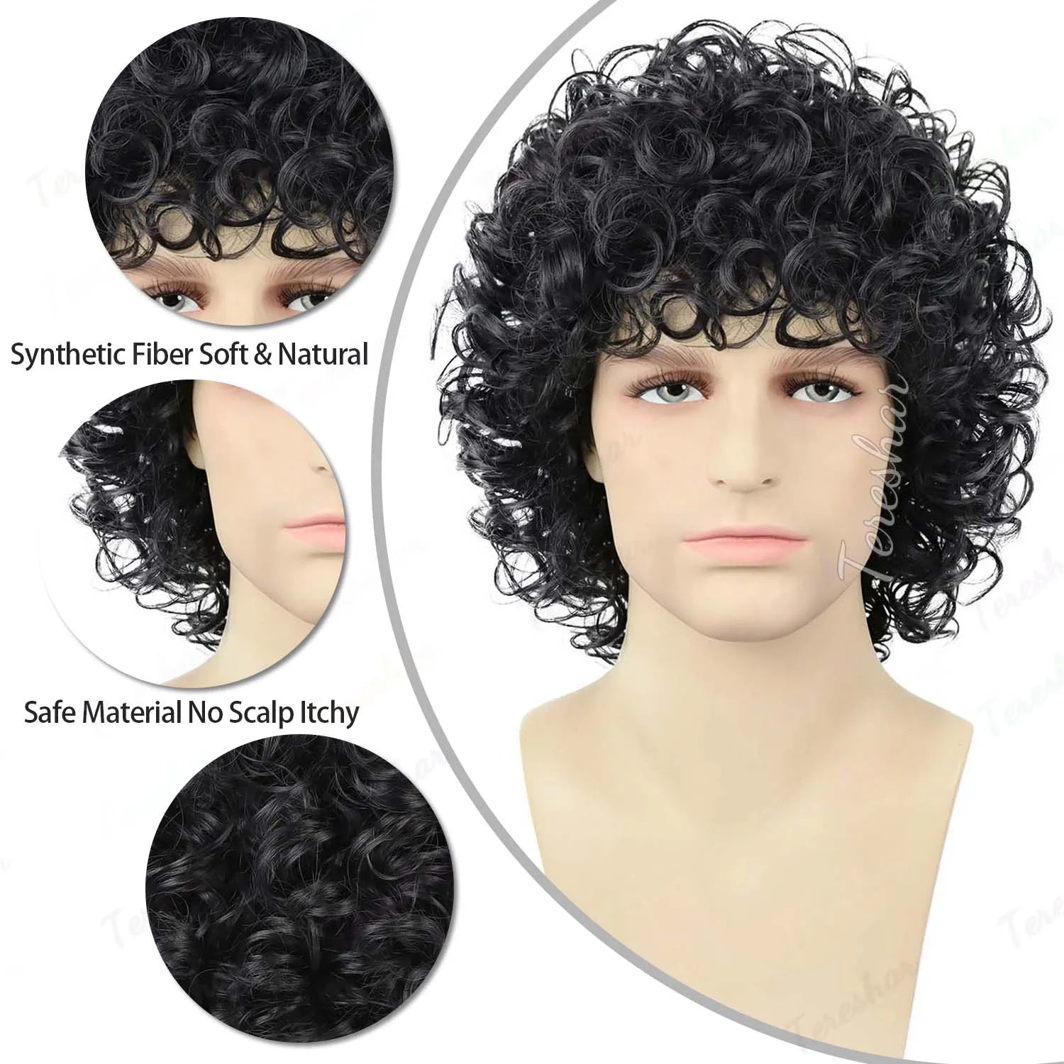 Mens Retro Curly Rocker Wig with Sequin Glove for Parties and Cosplay - 10