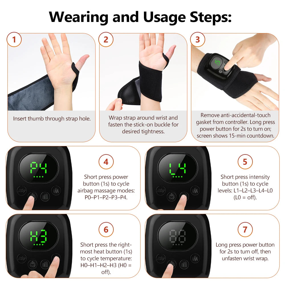 Cordless Heated Air Compression Wrist Massager for Pain Relief
