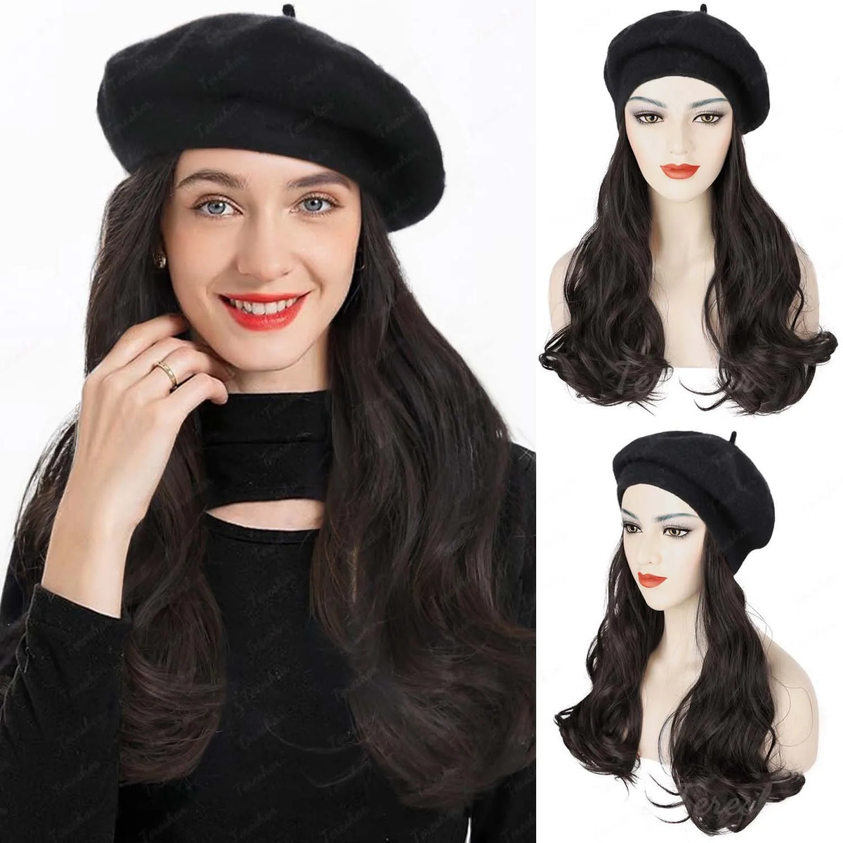 Long Curly Hair Extension Beret Hat for Women