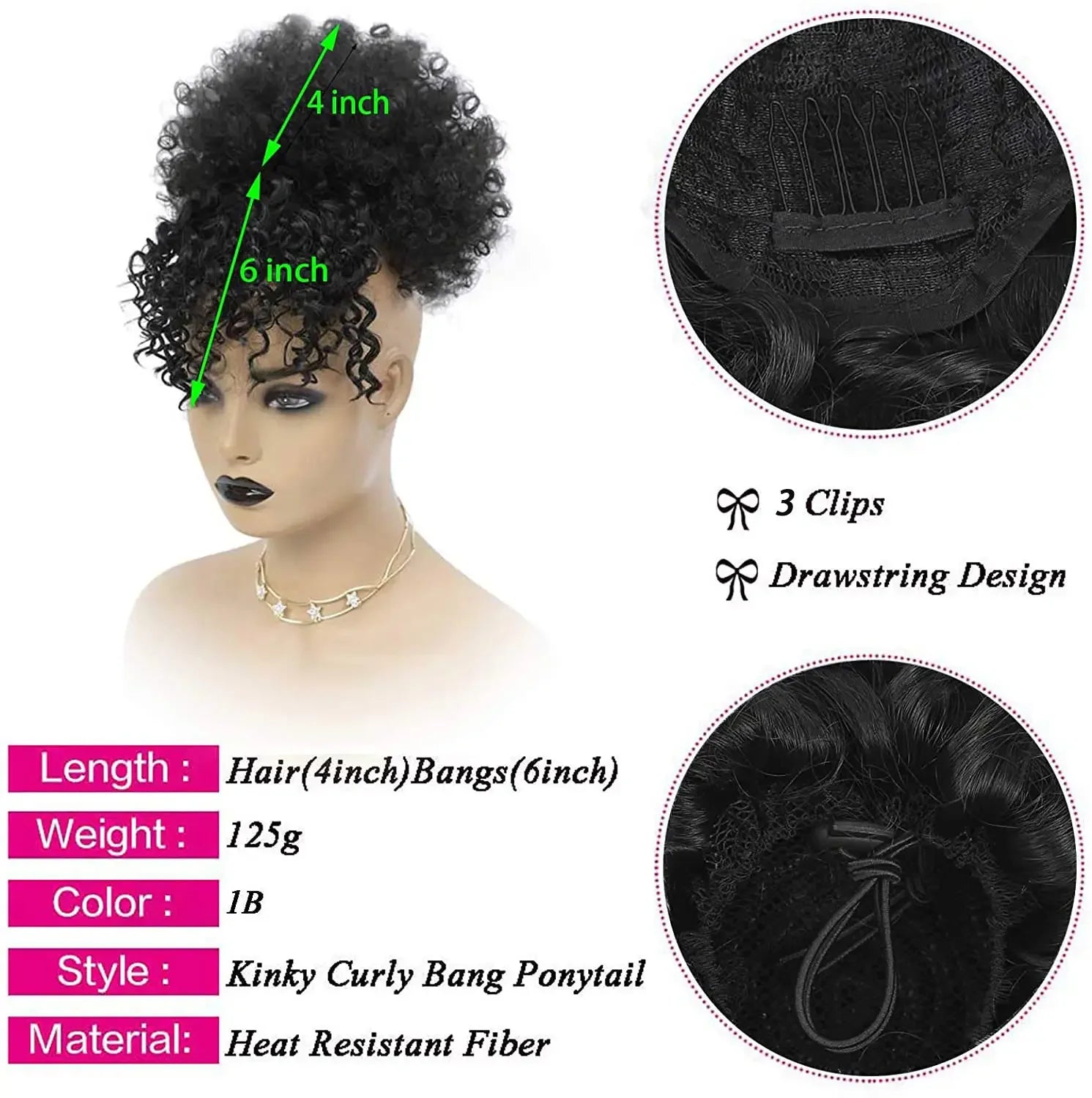 Kinky Curly Afro Puff Drawstring Ponytail with Bangs for Women - 2