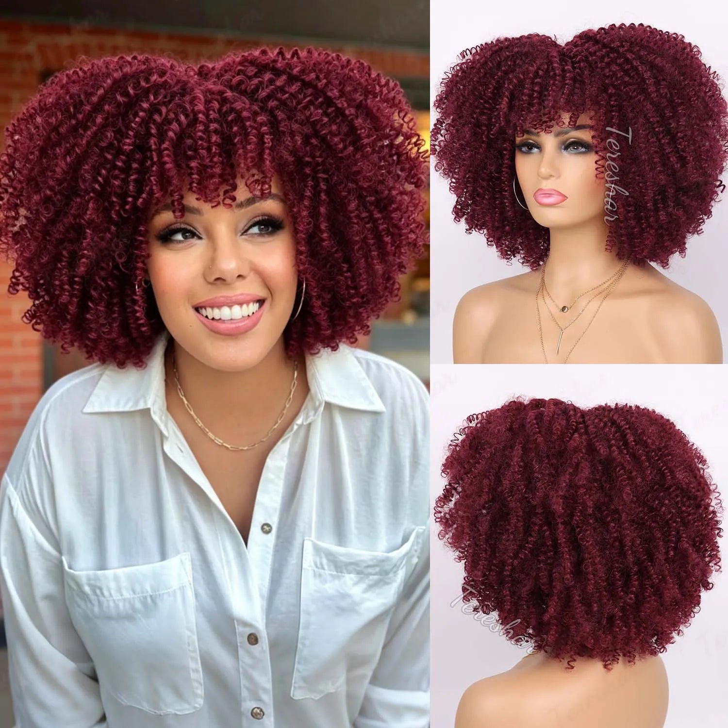 Short Curly Afro Wig with Bangs for Daily Wear - 22