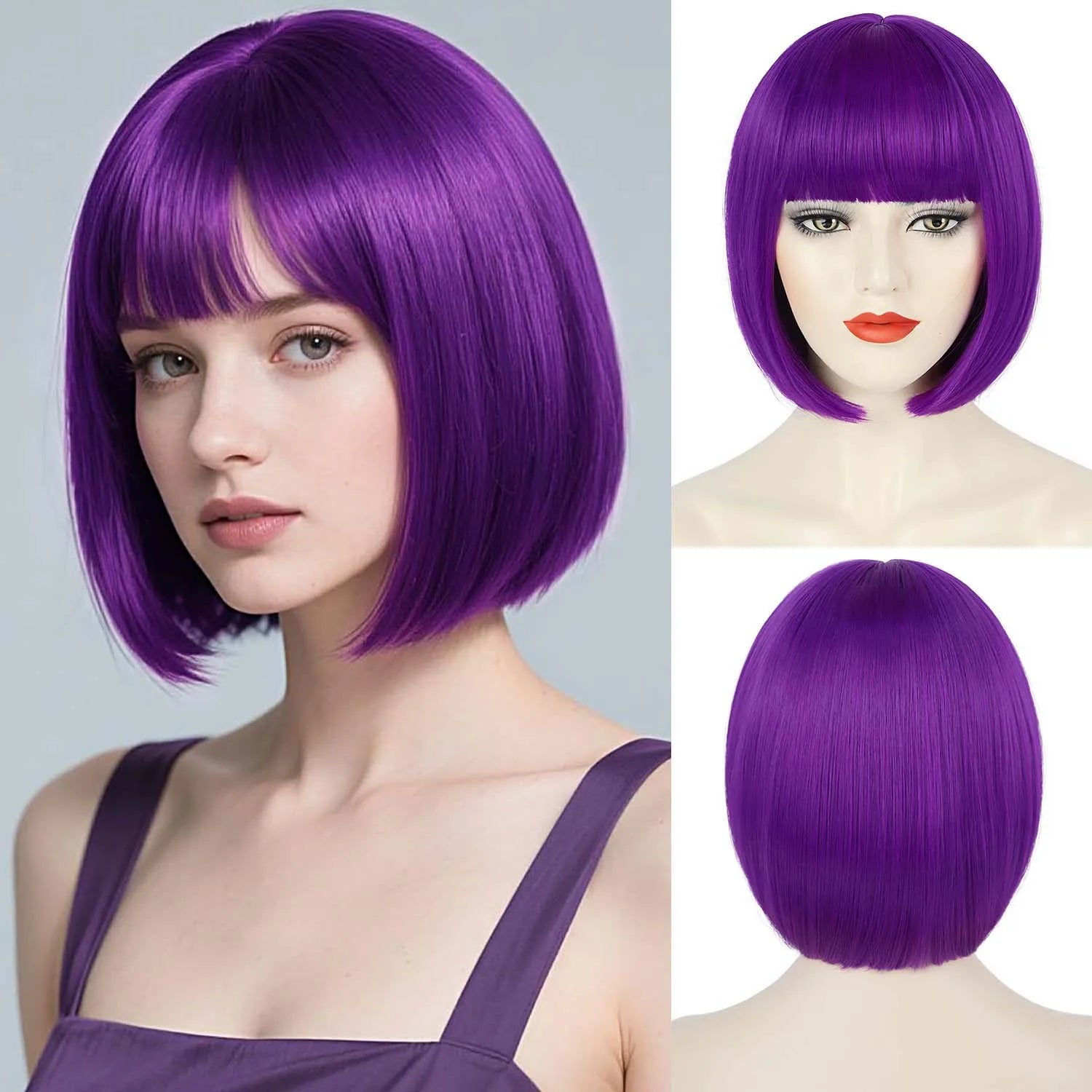 Short Straight Bob Synthetic Wig with Natural Bangs for Daily Wear - 15