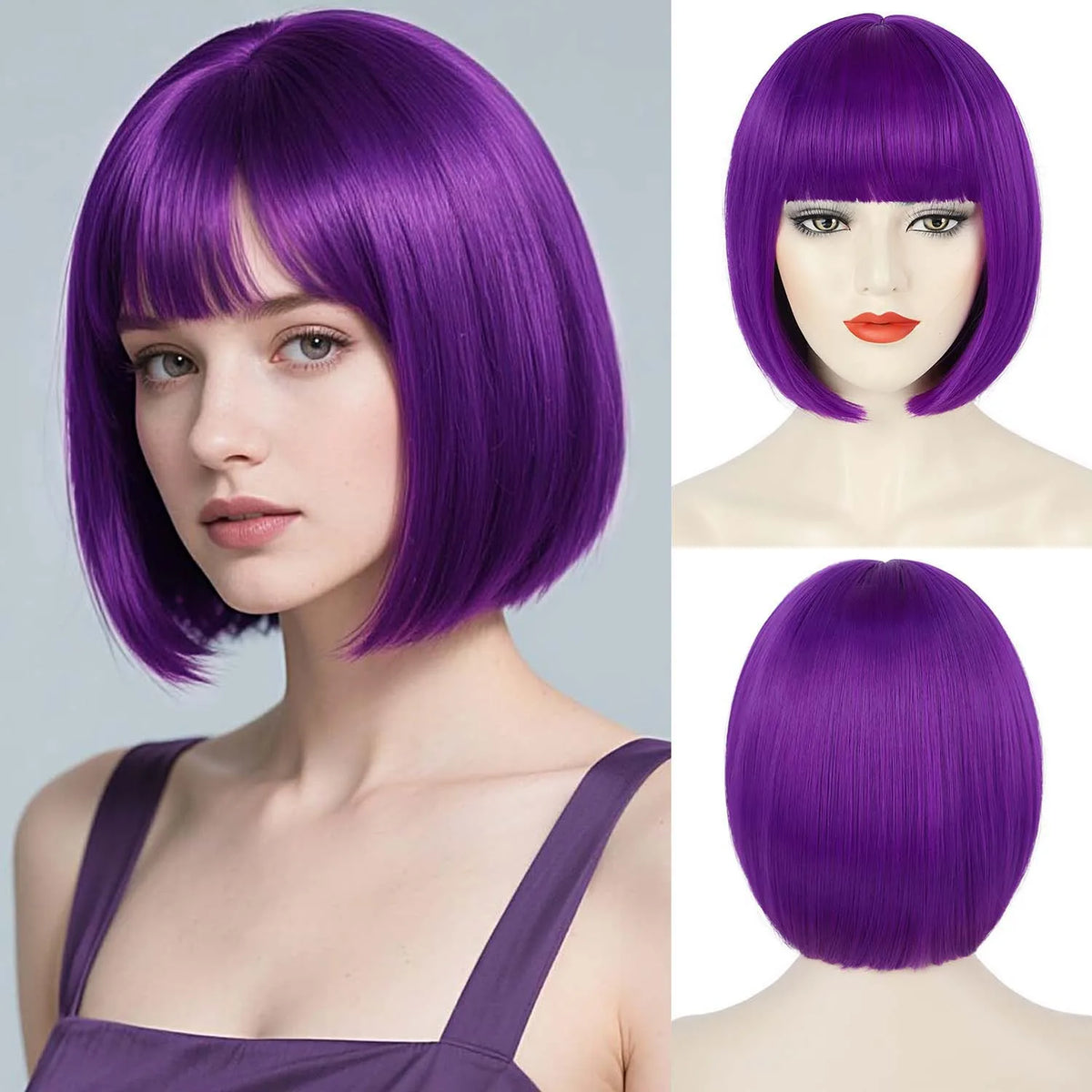 Short Straight Bob Synthetic Wig with Natural Bangs for Daily Wear