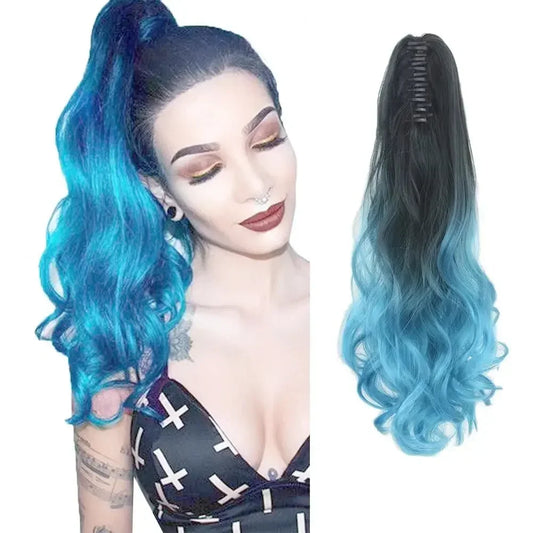 Curly Ombre Blue Claw Clip Ponytail Hair Extension