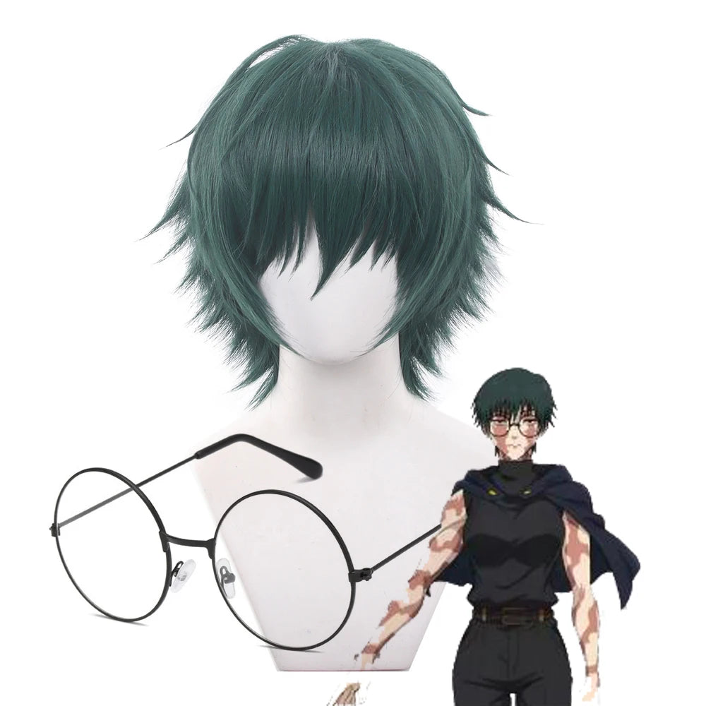 Short Green Cosplay Wig with Glasses for Anime Halloween Costumes - 1