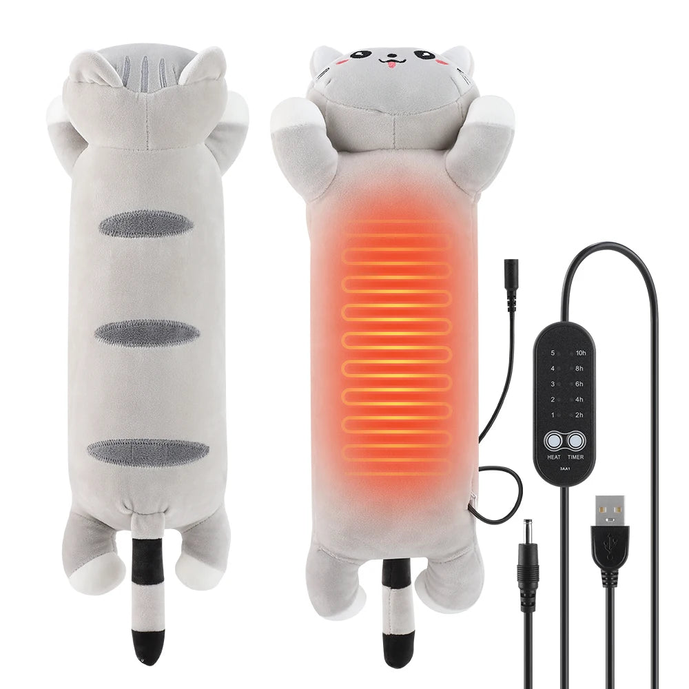 USB Heated Plush Cat Pillow for Menstrual Cramps and Back Pain Relief