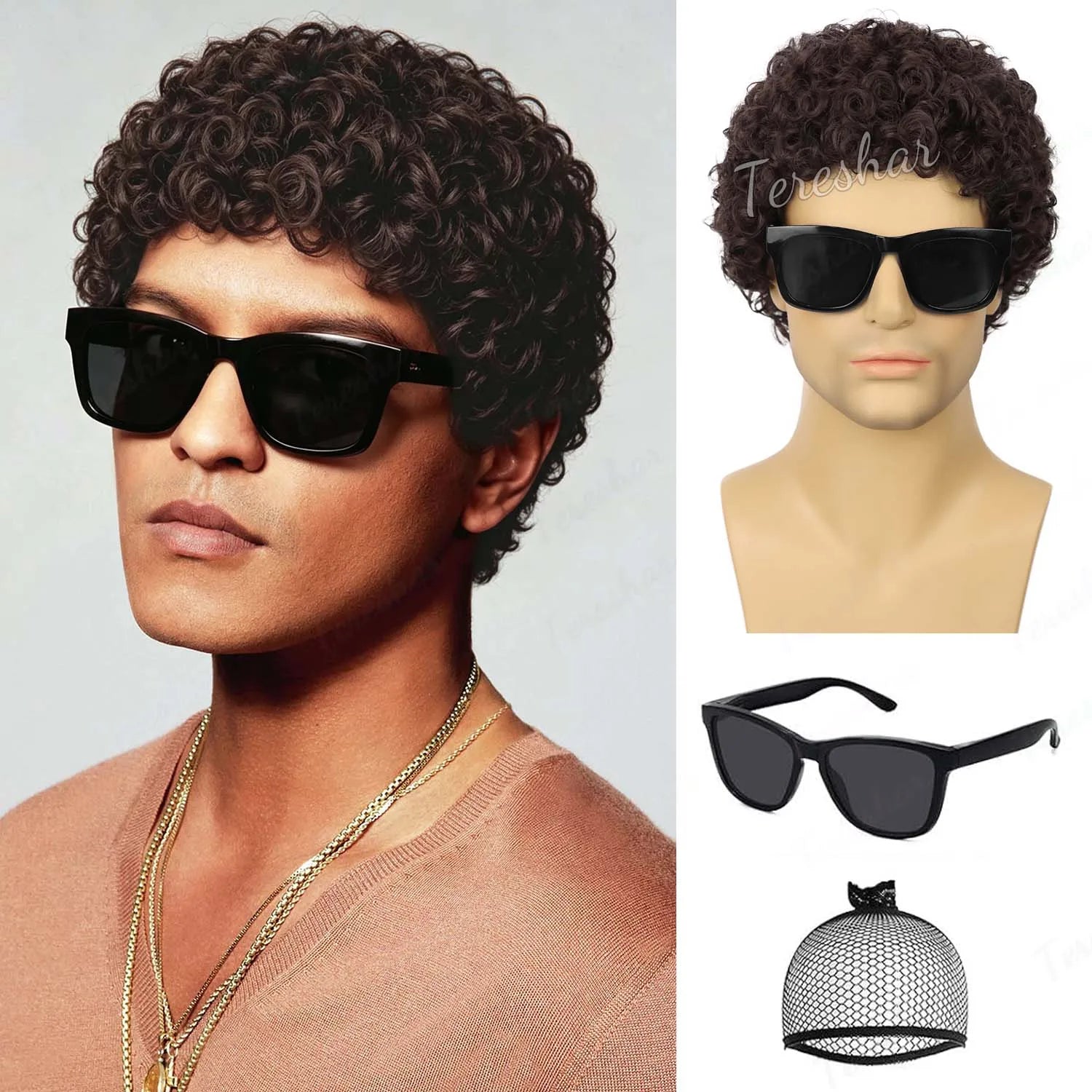 Short Curly Afro Wig with Sunglasses for Men Costume and Cosplay - 14