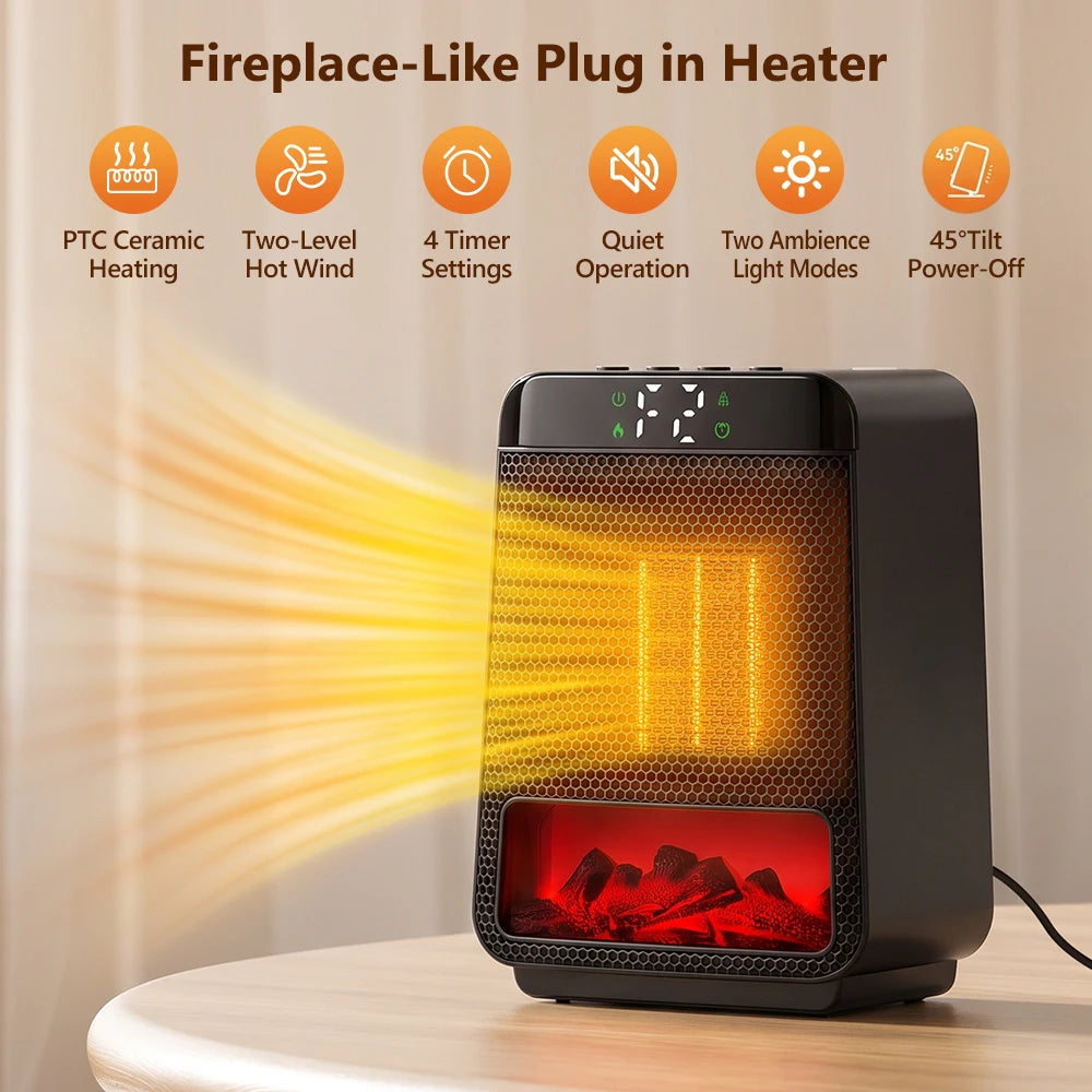 Portable Electric Space Heater with Ambient Flame Light and Timer