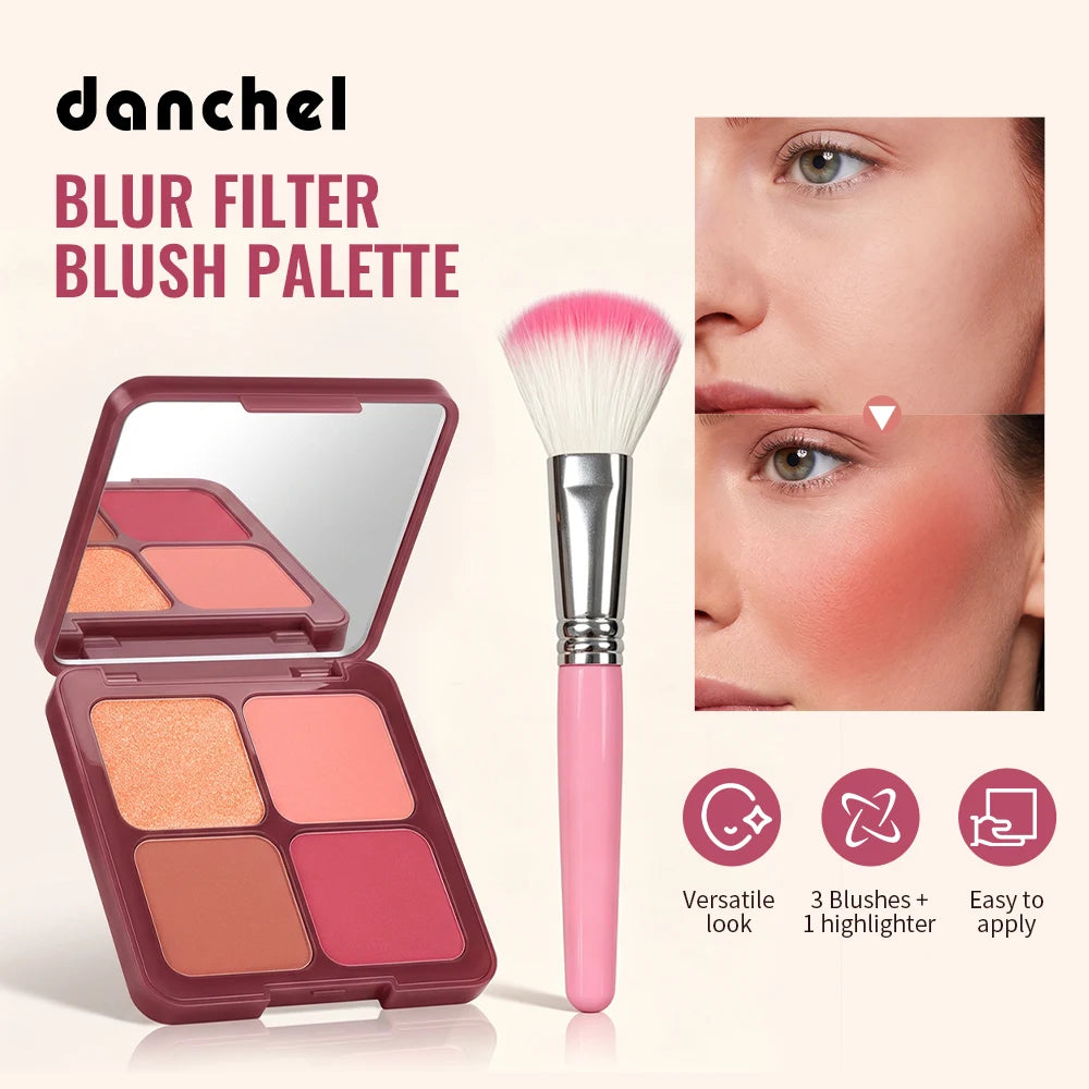 4-Color Matte Blush Palette with Professional Makeup Brush