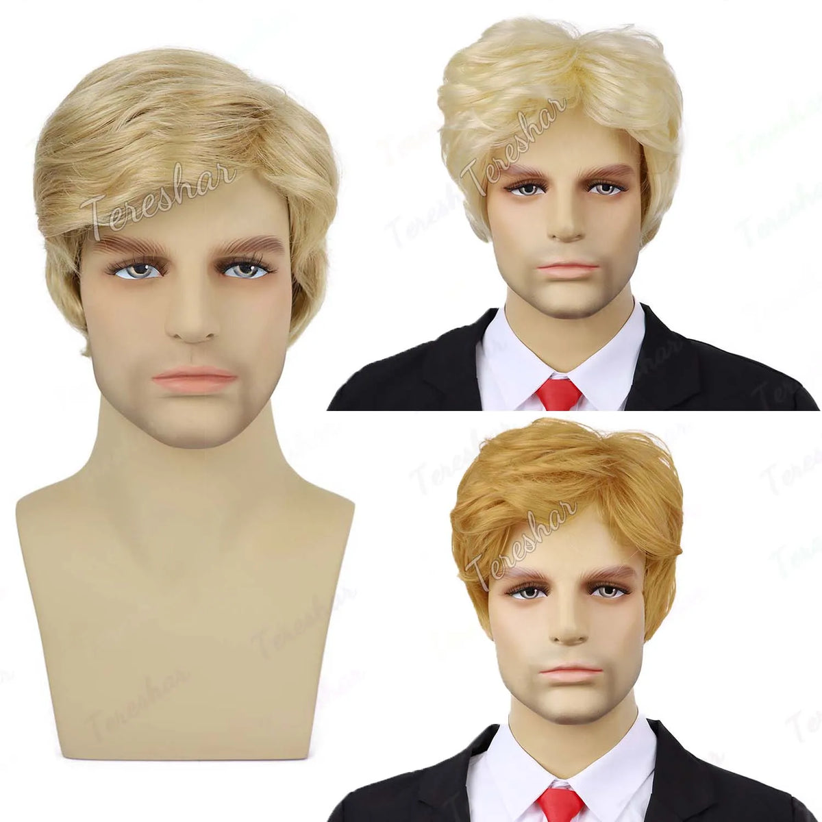 Short Blonde Men's Cosplay Wig with Red Tie and Flag Pin for Halloween