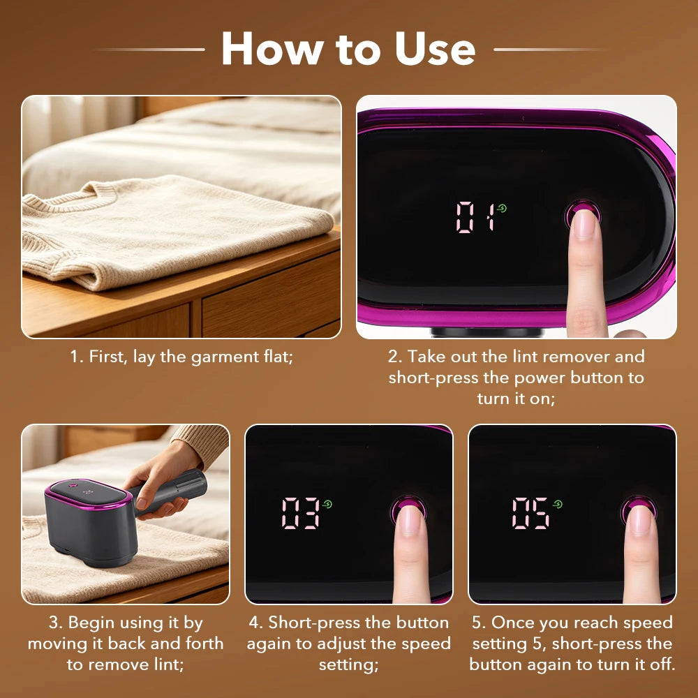 Rechargeable Electric Fabric Shaver with 5 Speed Settings and LED Display