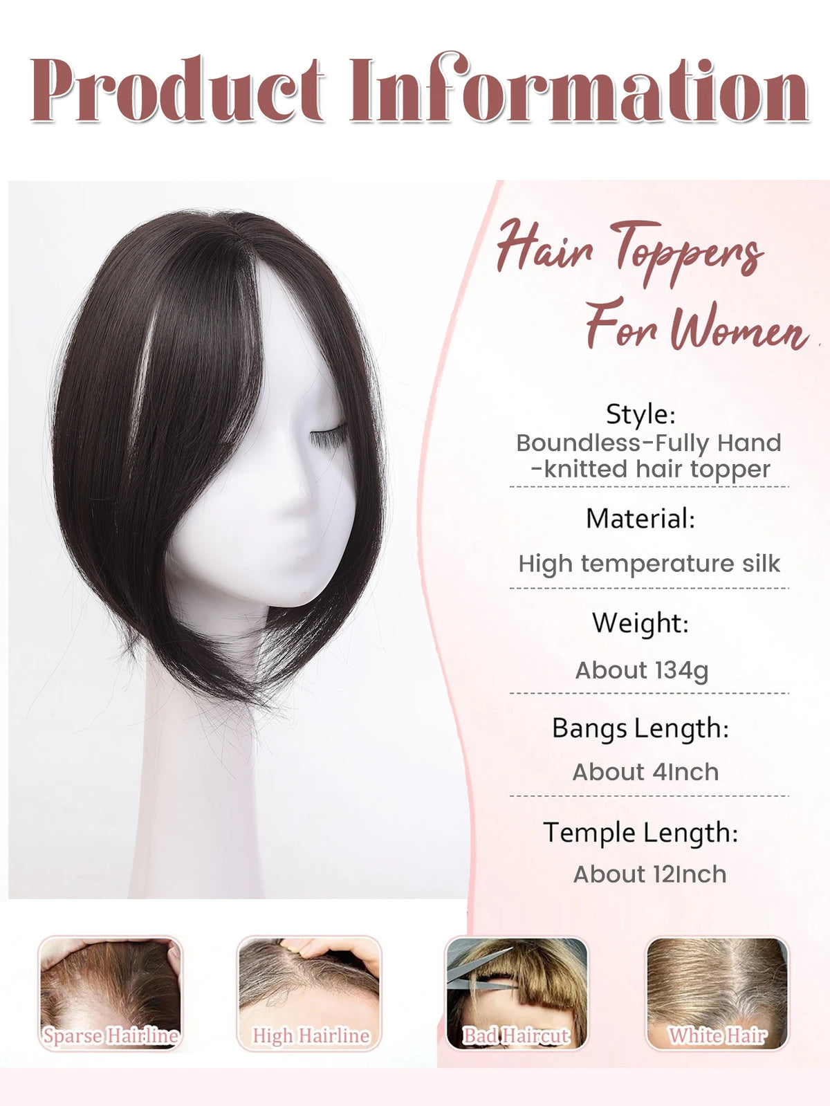 Clip-In Natural Middle Part Hair Bangs Topper for Volume and Style