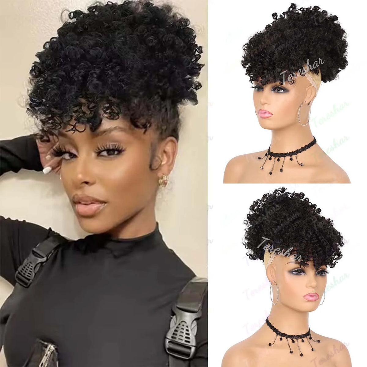 Kinky Curly Afro Puff Ponytail Extension with Bangs for Women