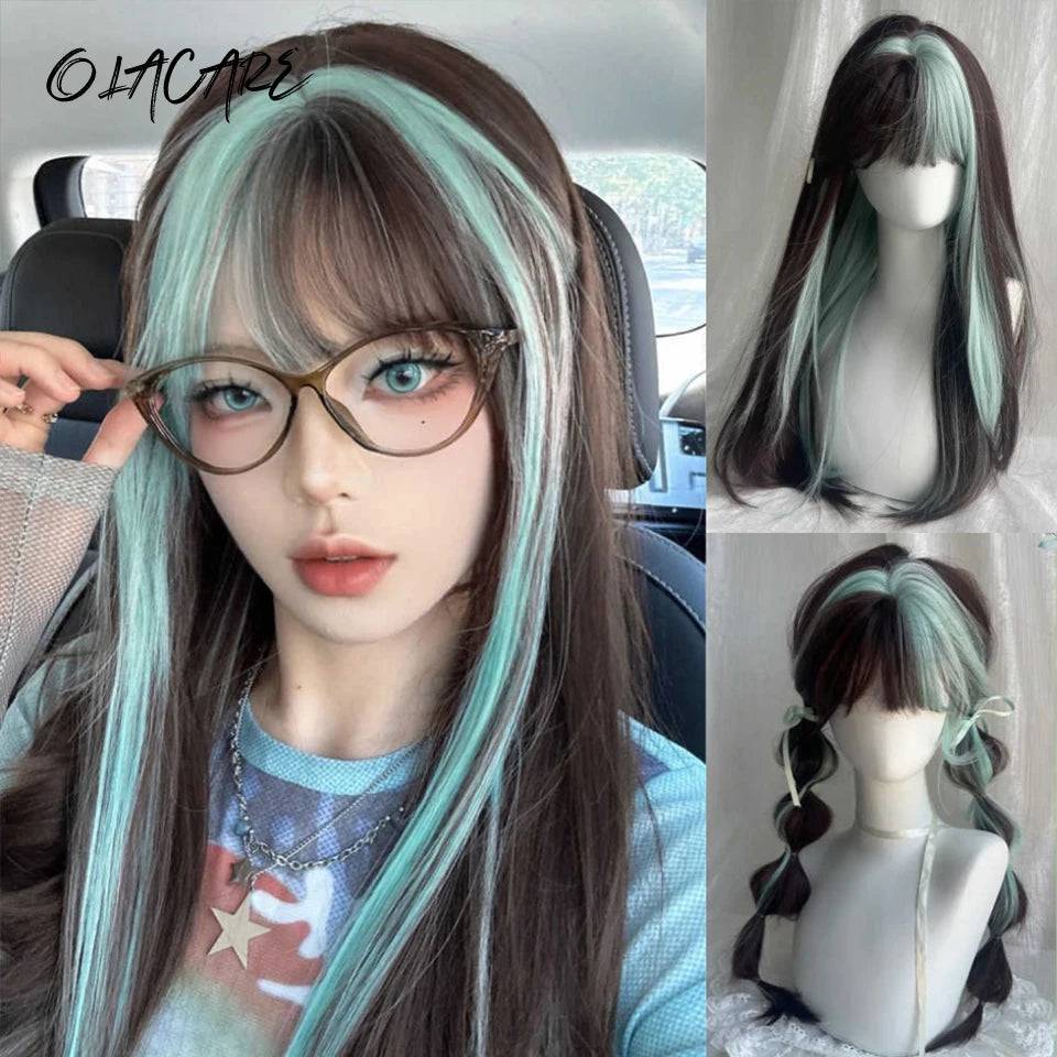 Long Wavy Ombre Blonde Pink Wig with Bangs