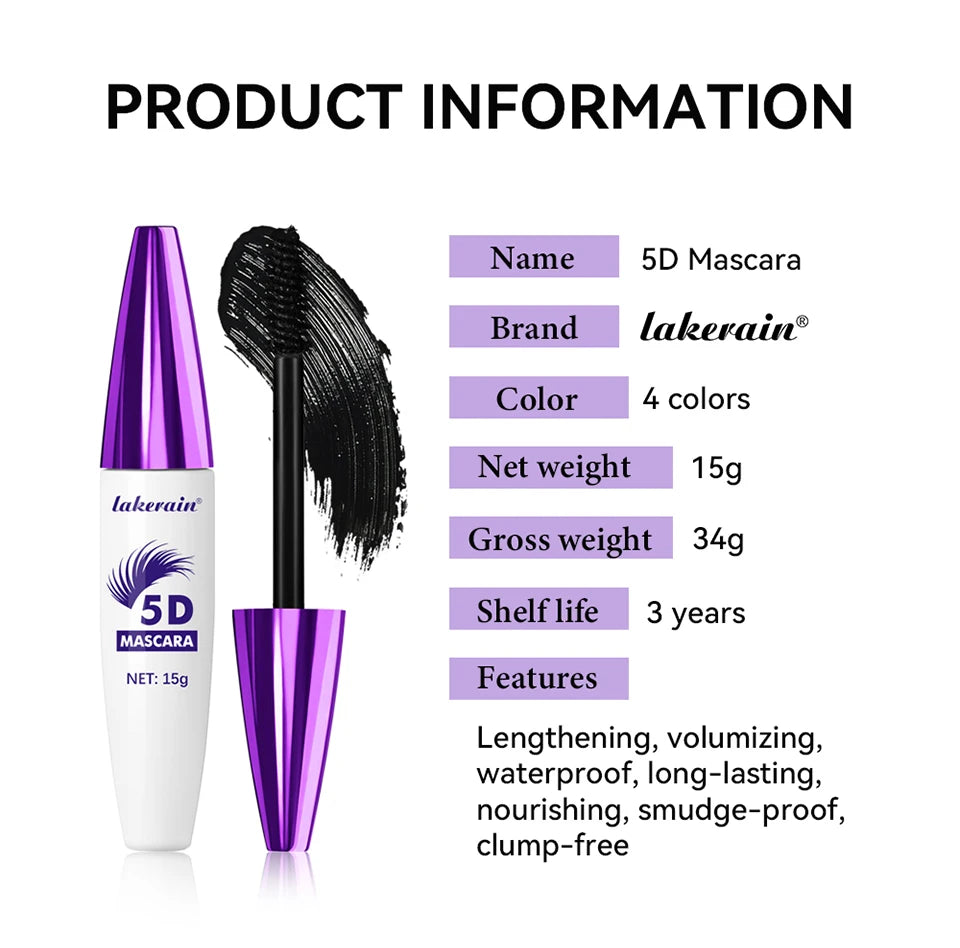 Waterproof 5D Lengthening and Volumizing Mascara for Long Lasting Lashes