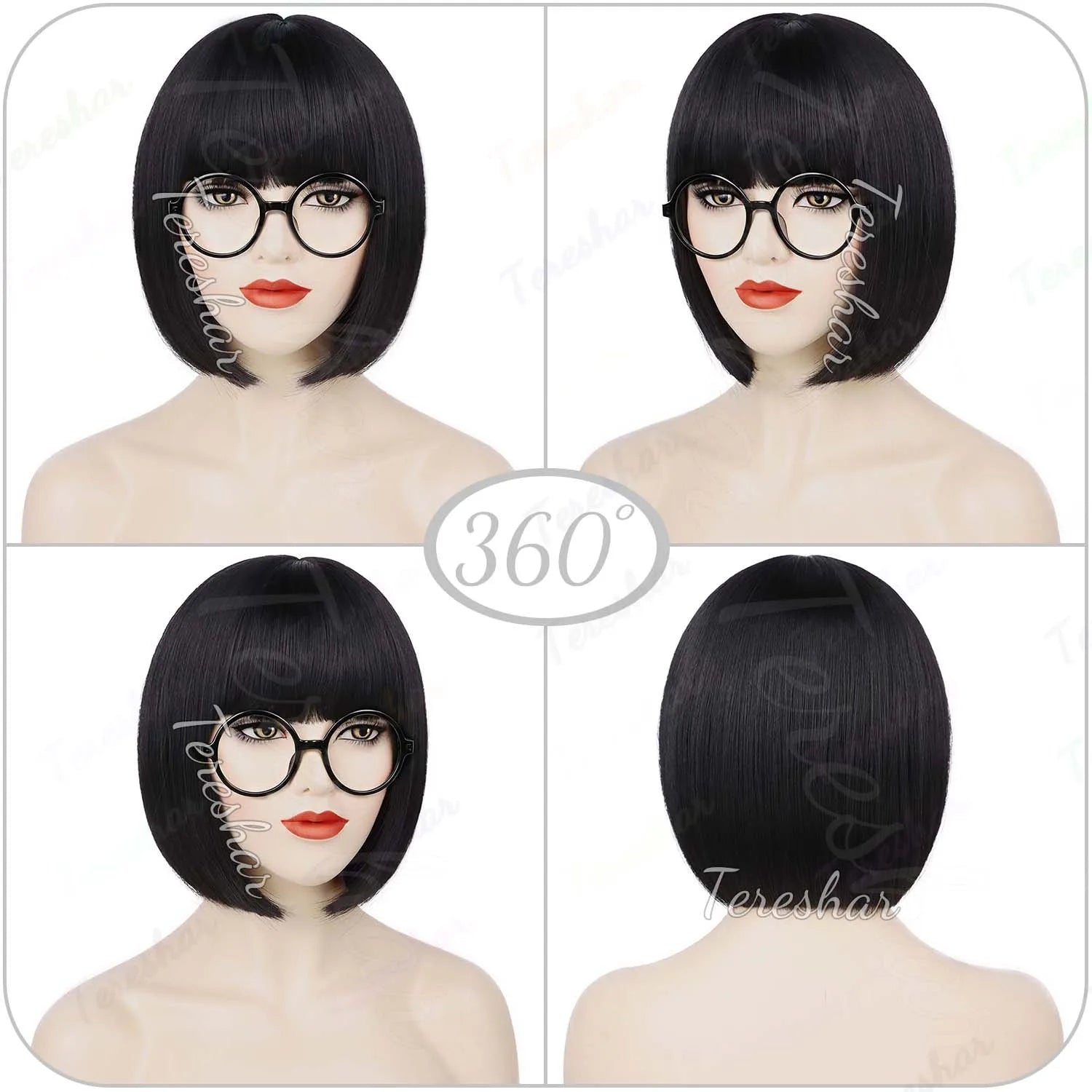 Short Black Bob Wig with Glasses for Costume and Cosplay - 7