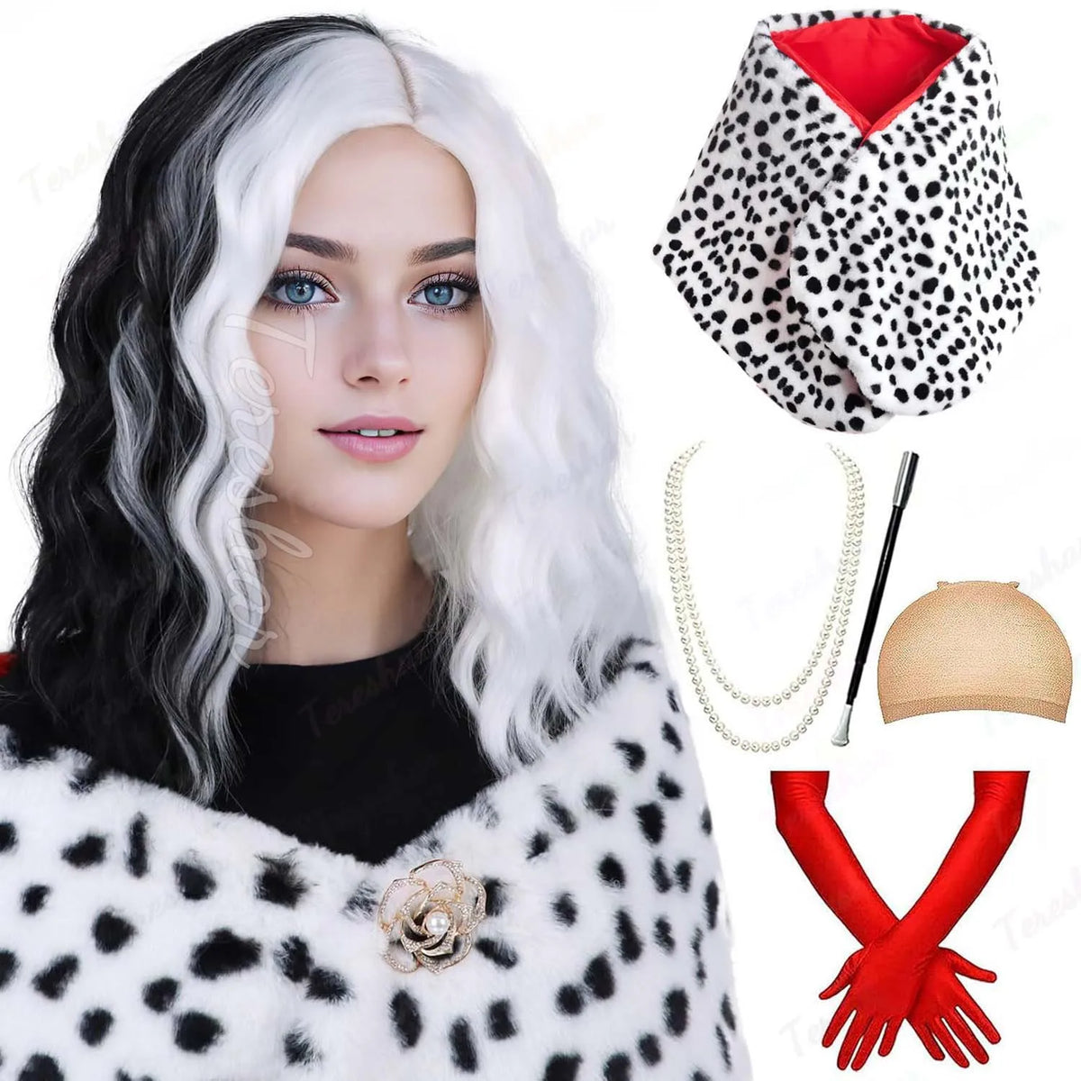 Black and White Wavy Cosplay Wig Set with Dalmatian Shawl and Accessories