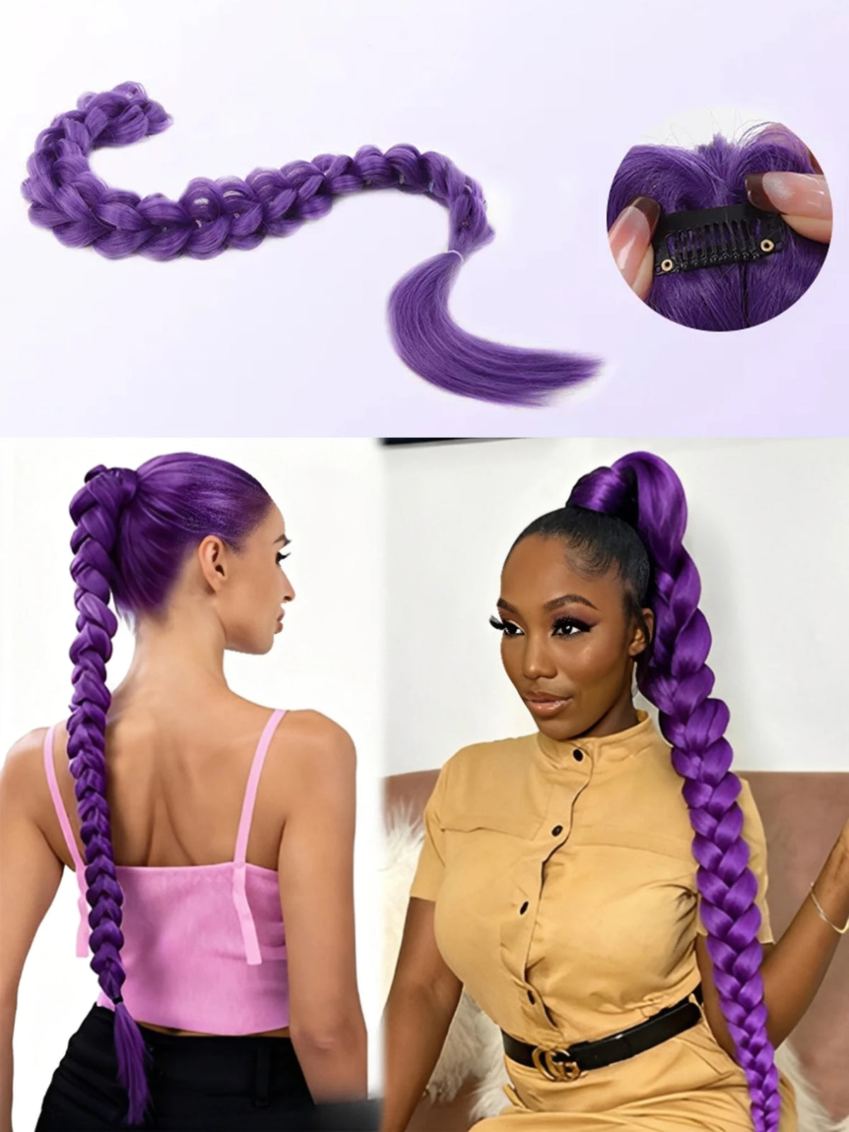 35-Inch Long Braided Purple Ponytail Extension for Costumes