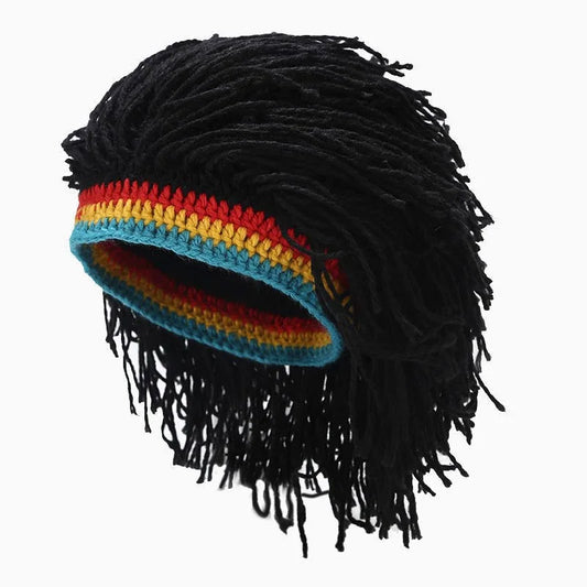 Funky Rasta Knitted Beanie with Hair Wig