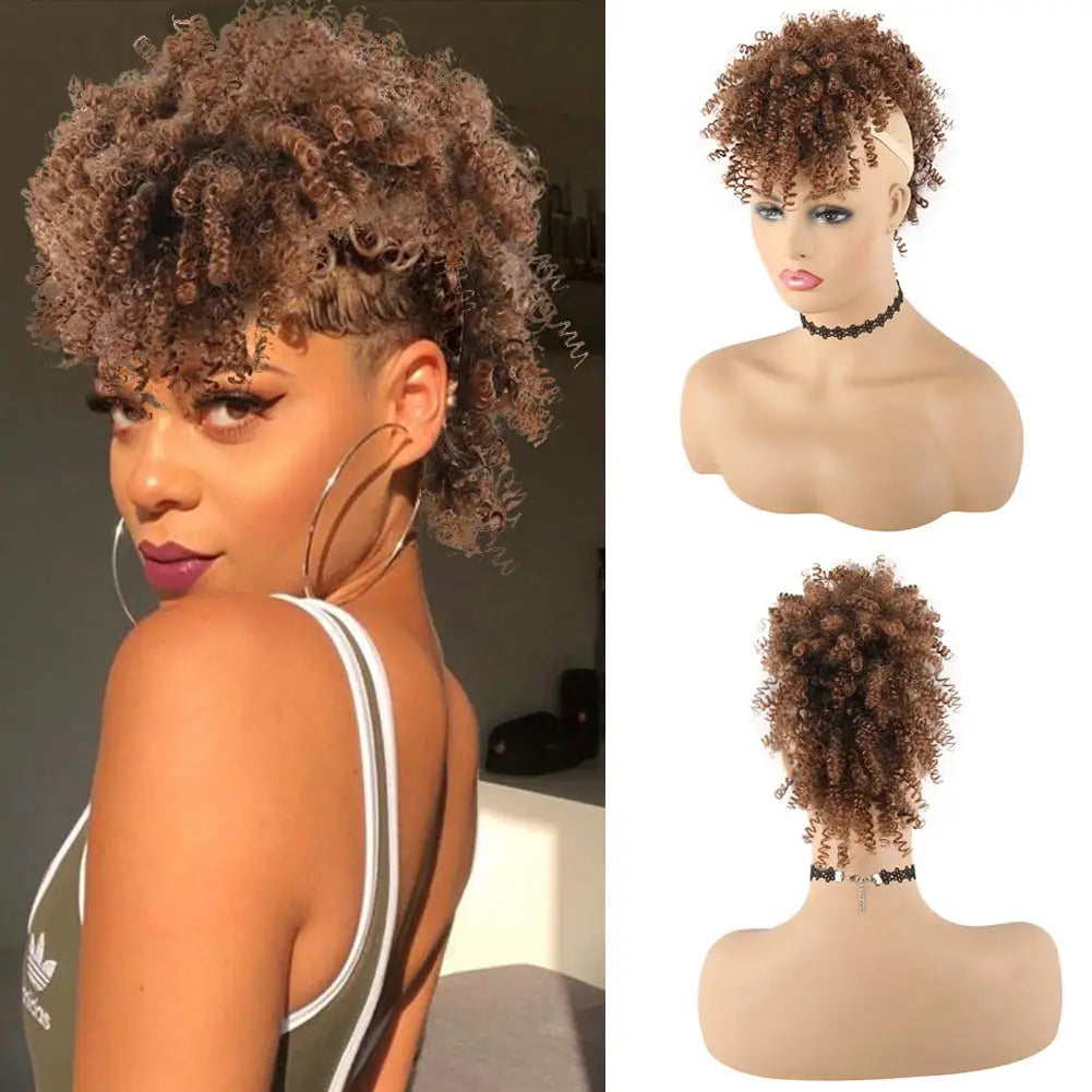 Curly Afro Mohawk Ponytail with Bangs Clip-In