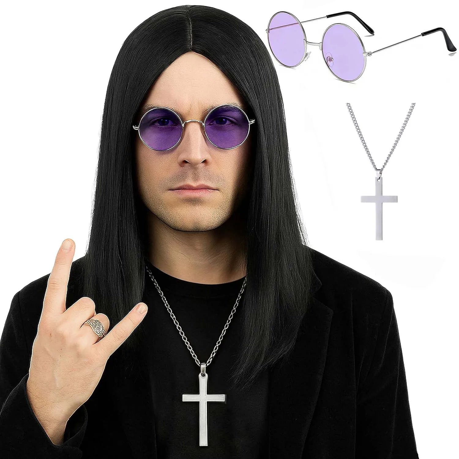 80s Heavy Metal Rocker Costume Wig Set with Glasses and Cross Necklace - 1
