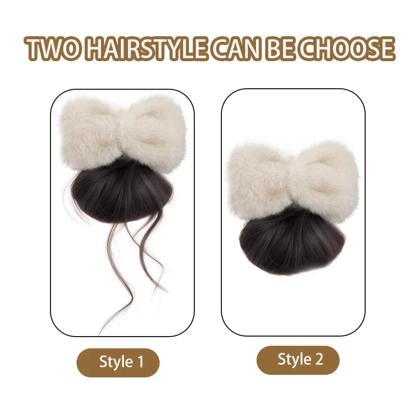 Fluffy Plush Bow Synthetic Hair Bun Extension Clip for Effortless Styling