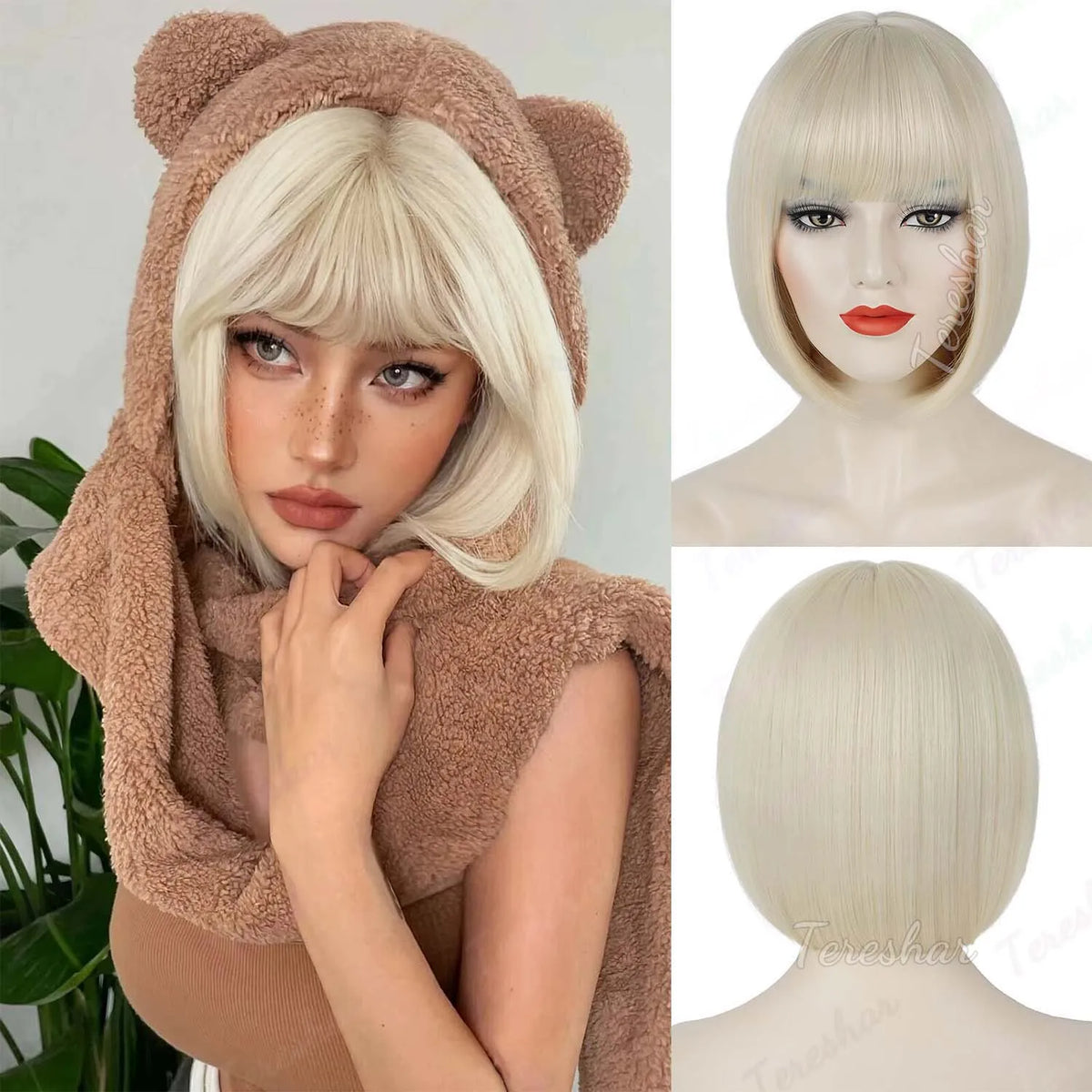 Short Straight Bob Synthetic Wig with Natural Bangs for Daily Wear