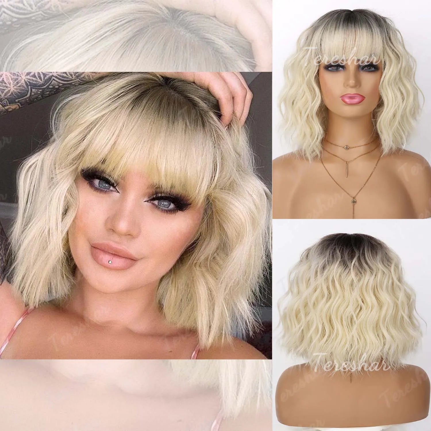 Short Wavy White Wig with Bangs for Cosplay and Daily Wear - 15