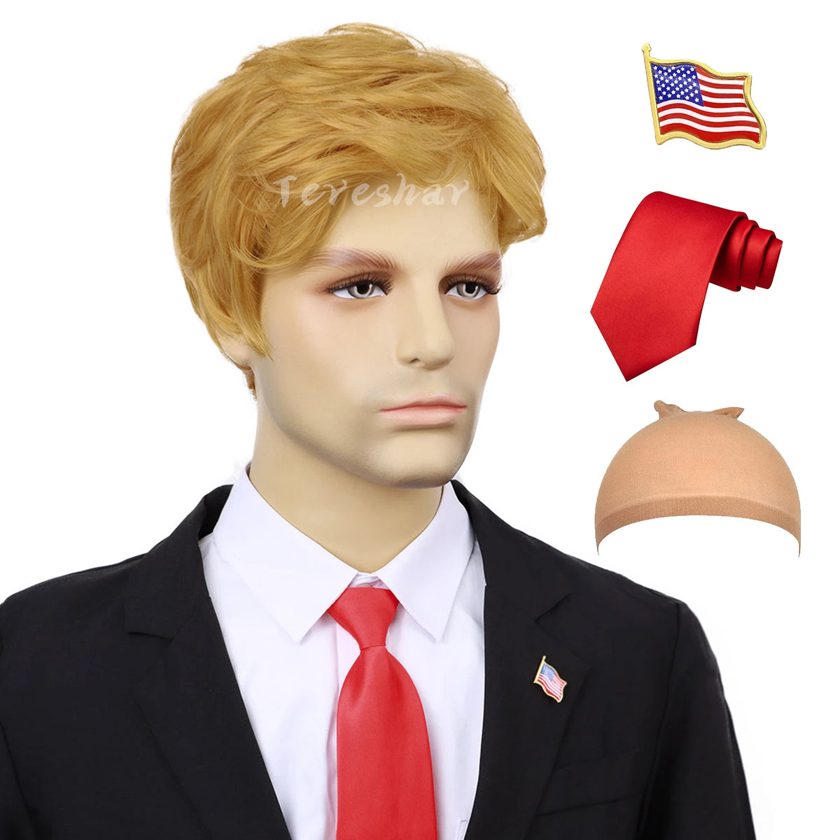 Blonde Pixie Cut Costume Wig with Red Tie and Flag Pin for Men Cosplay