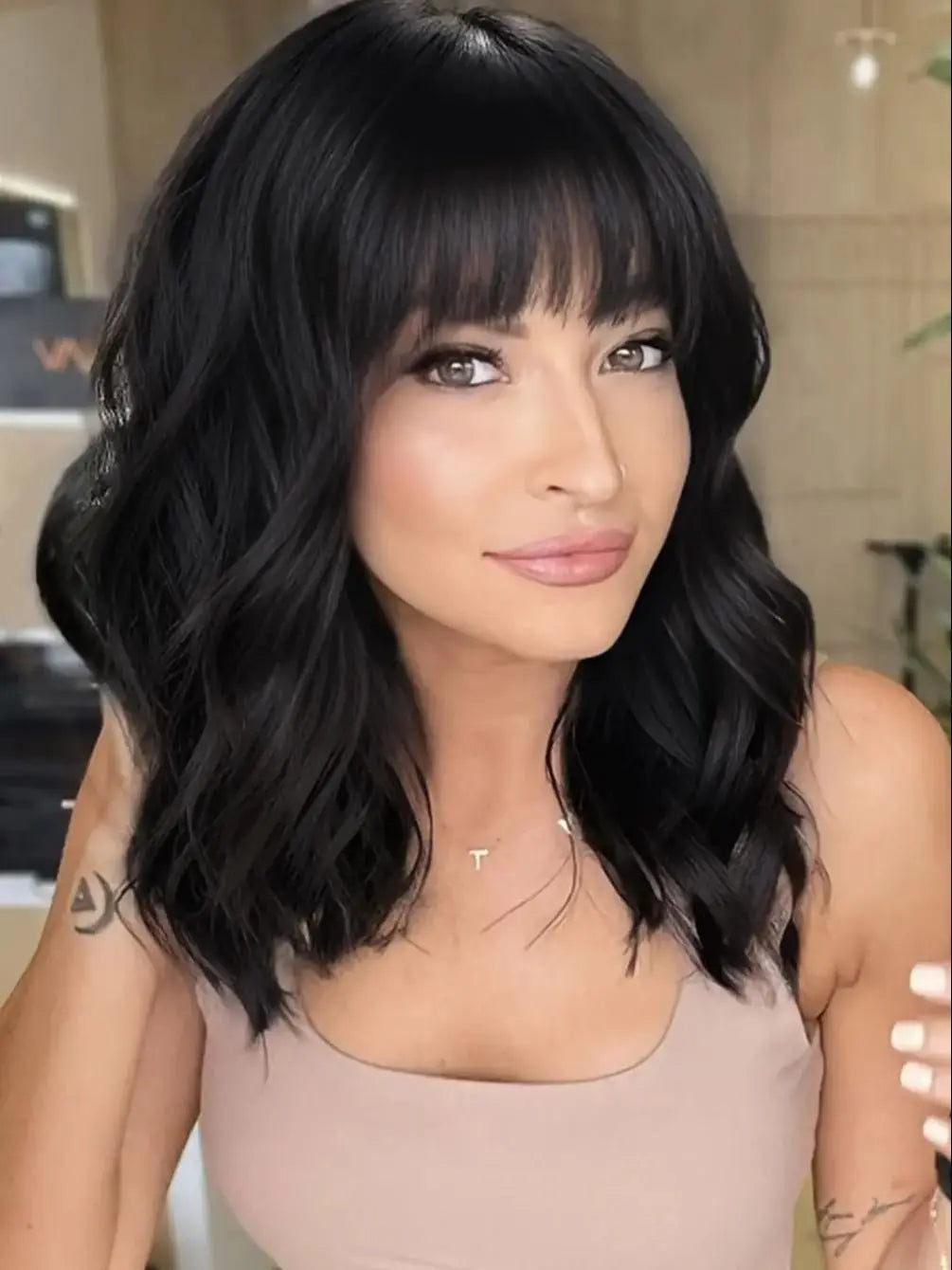 Short Curly Bob Wig with Natural Bangs for Women - 7