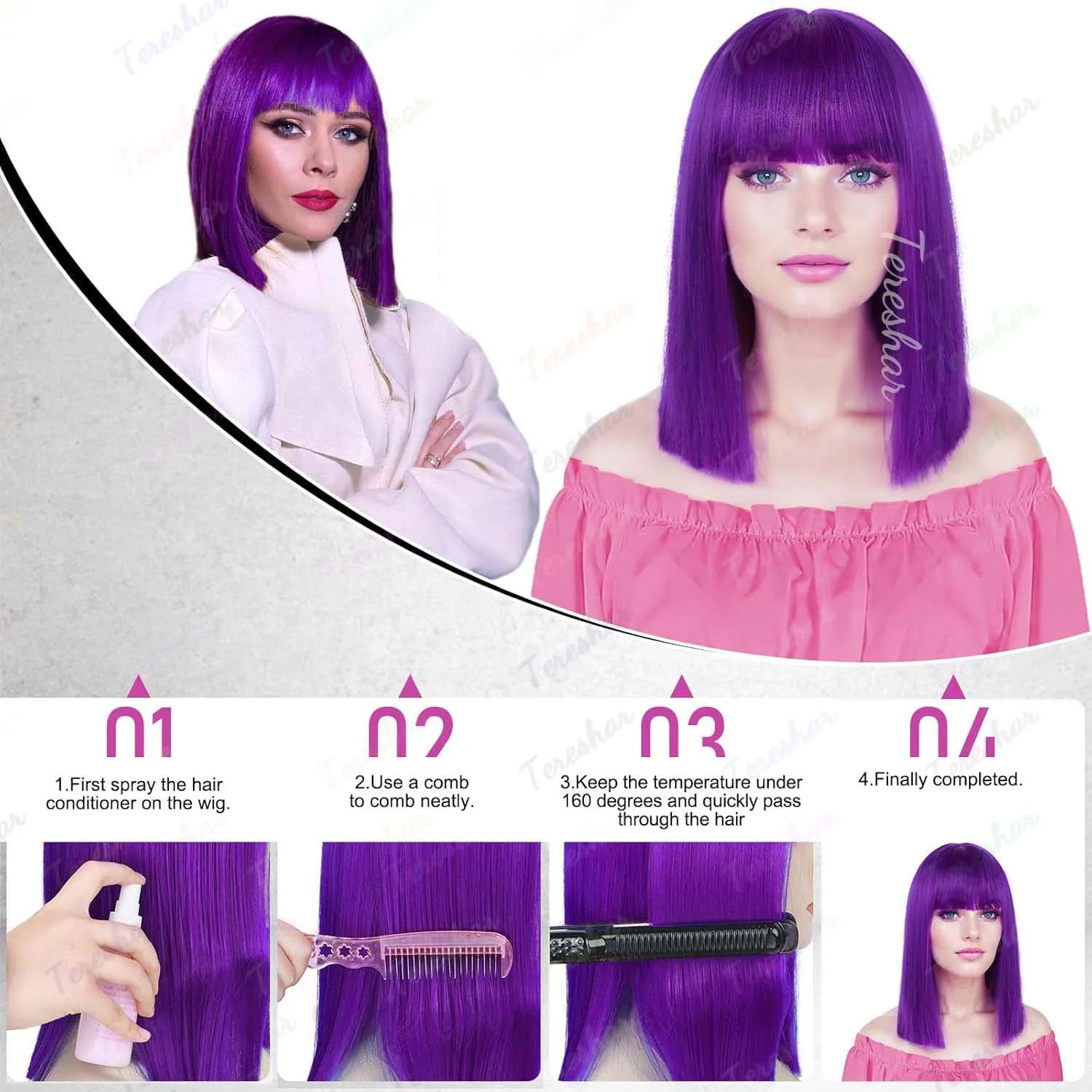 Heat Resistant Synthetic Straight Bob Wig with Bangs for Women - 12