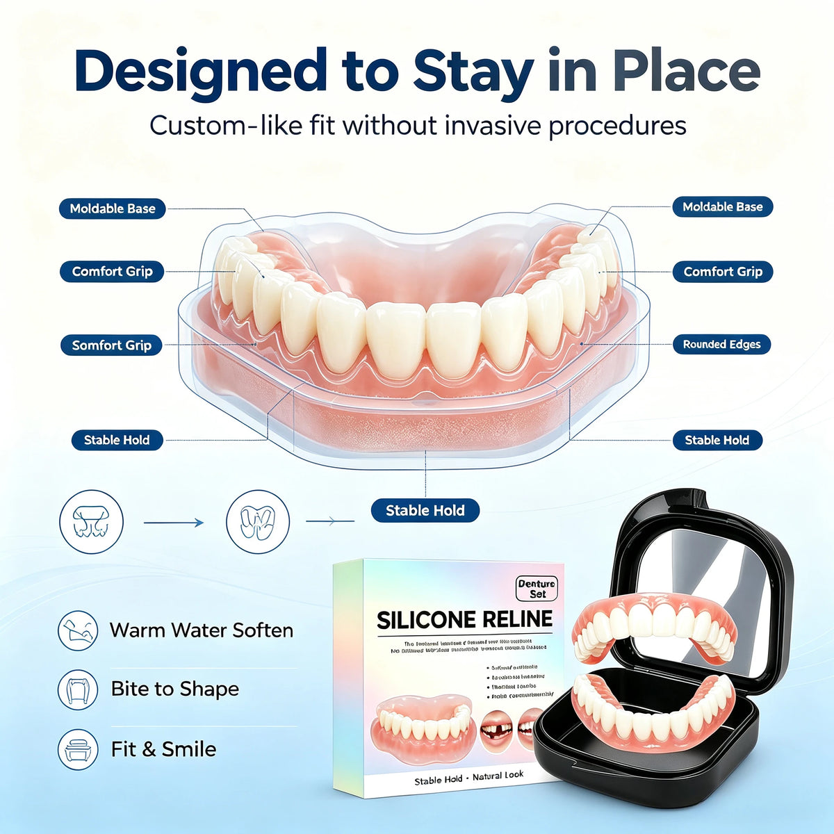 Comfort Fit Silicone Dentures for Instant Natural Smile and Oral Confidence