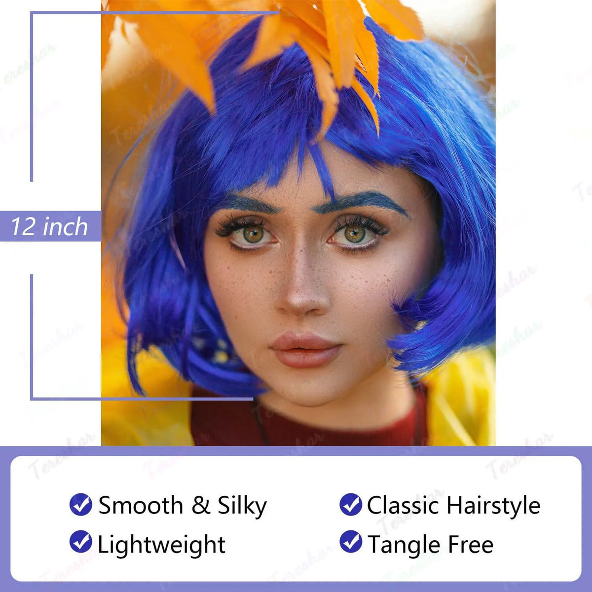 Dark Blue Bob Cosplay Wig Set with Dragonfly Hairpin and Key Necklace