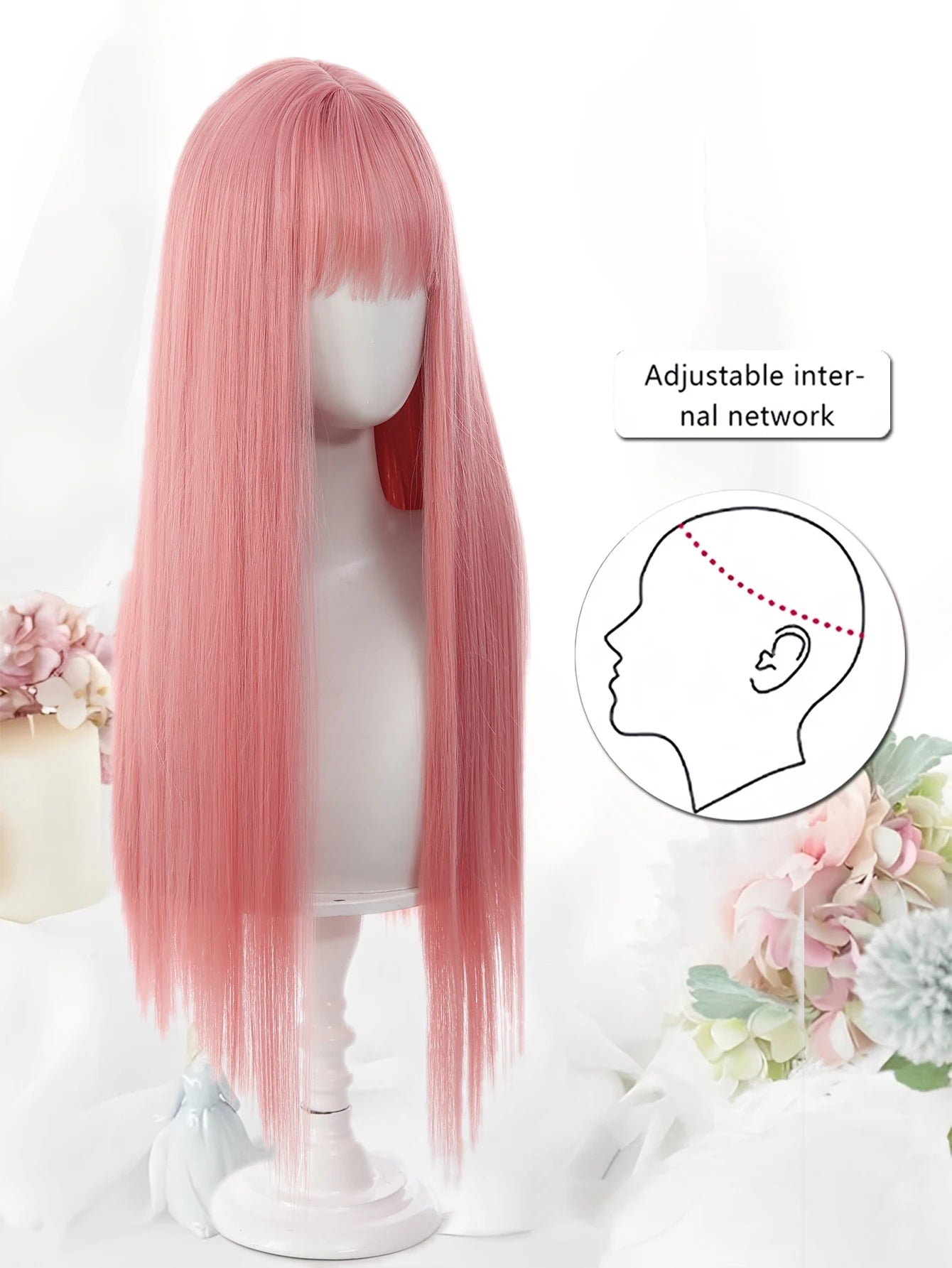 24 Inch Long Pink Cosplay Wig with Bangs - 3