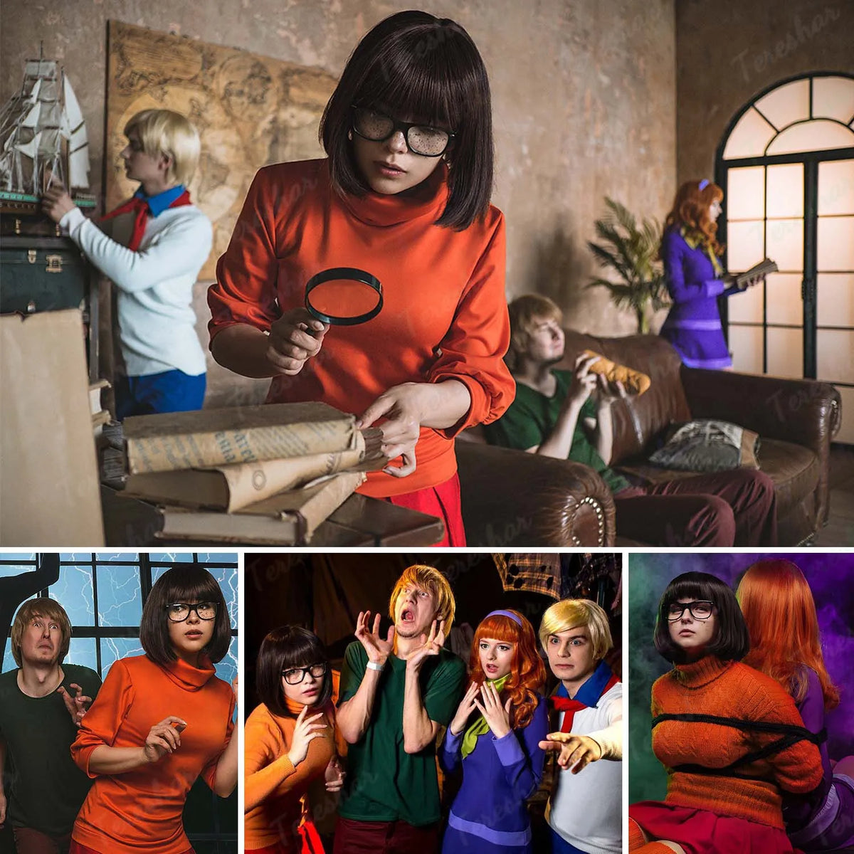 Short Brown Bob Wig with Glasses and Magnifying Glass for Cosplay Parties