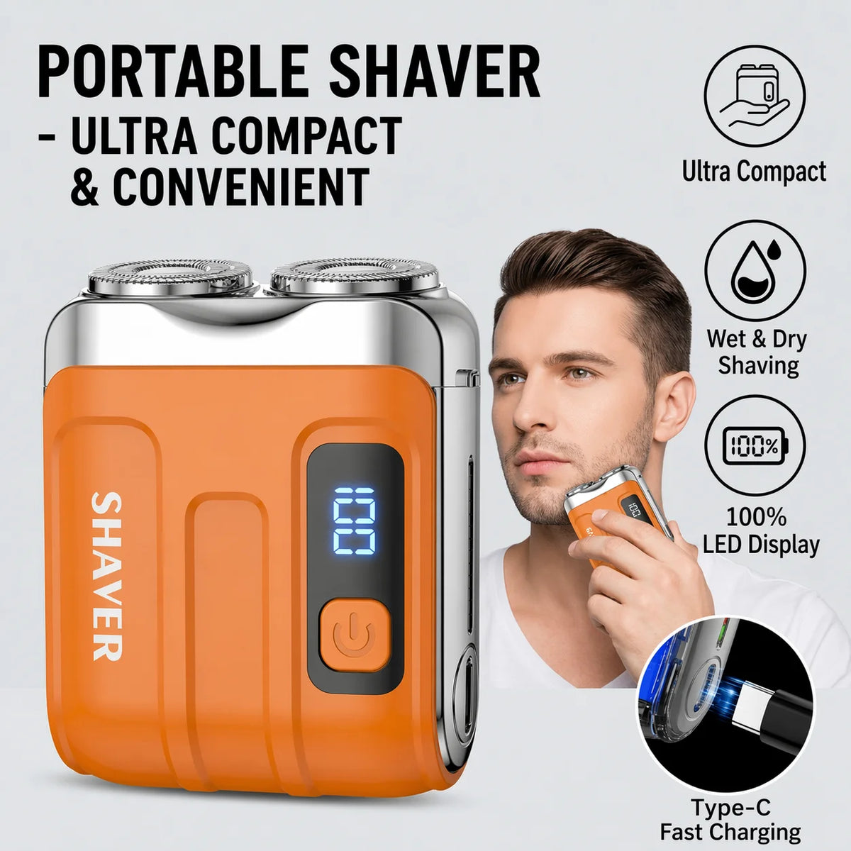 Portable Dual-Head Electric Shaver for Men with LED Battery Display
