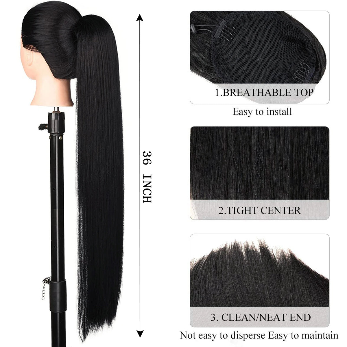 36 Inch Long Kinky Straight Drawstring Ponytail Extension for Women