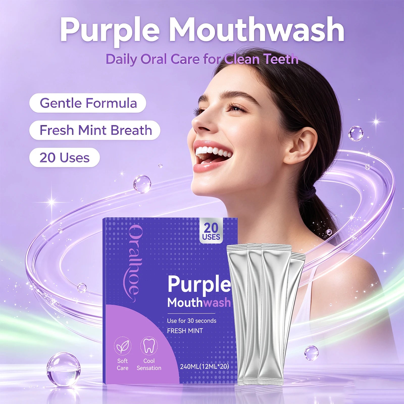 Portable Single-Use Purple Mouthwash Sachets for Fresh Breath On-the-Go - 3