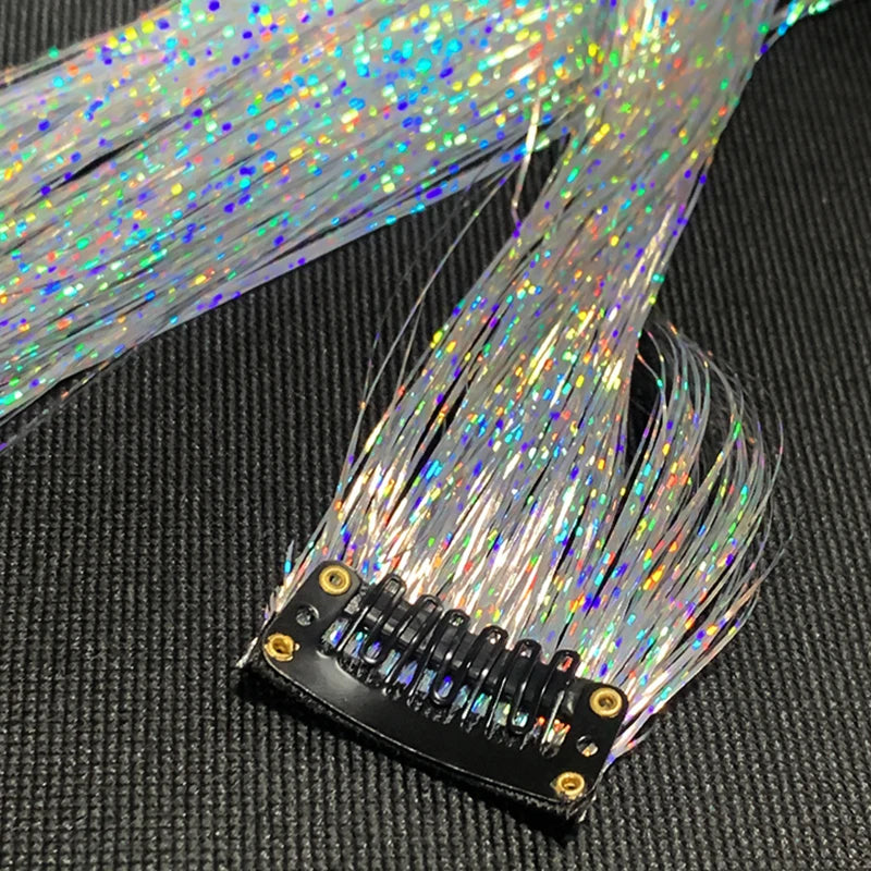 Rainbow Glitter Tinsel Hair Extensions Clip In for Party and Daily Style - 7