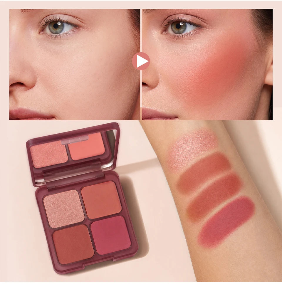 4-Color Matte Blush Palette with Professional Makeup Brush