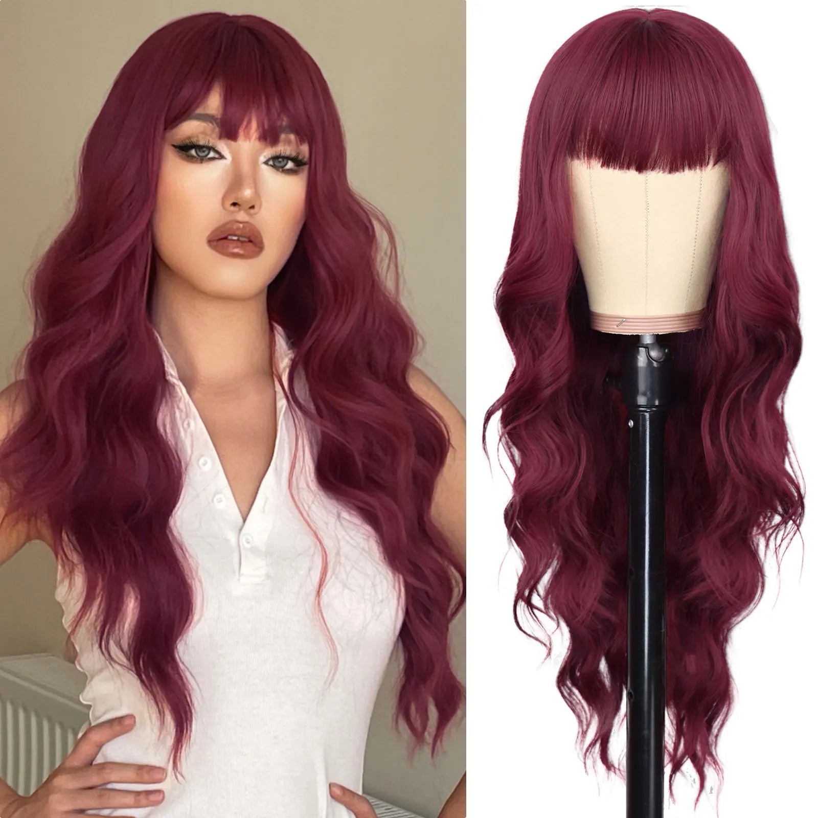 Long Wavy Synthetic Wig with Bangs for Daily Use and Parties - 17