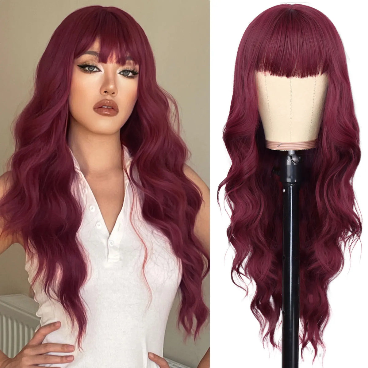 Long Wavy Synthetic Wig with Bangs for Daily Use and Parties