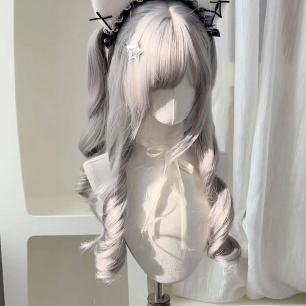 Long Wavy Silver Gray Cosplay Wig with Bangs for Women