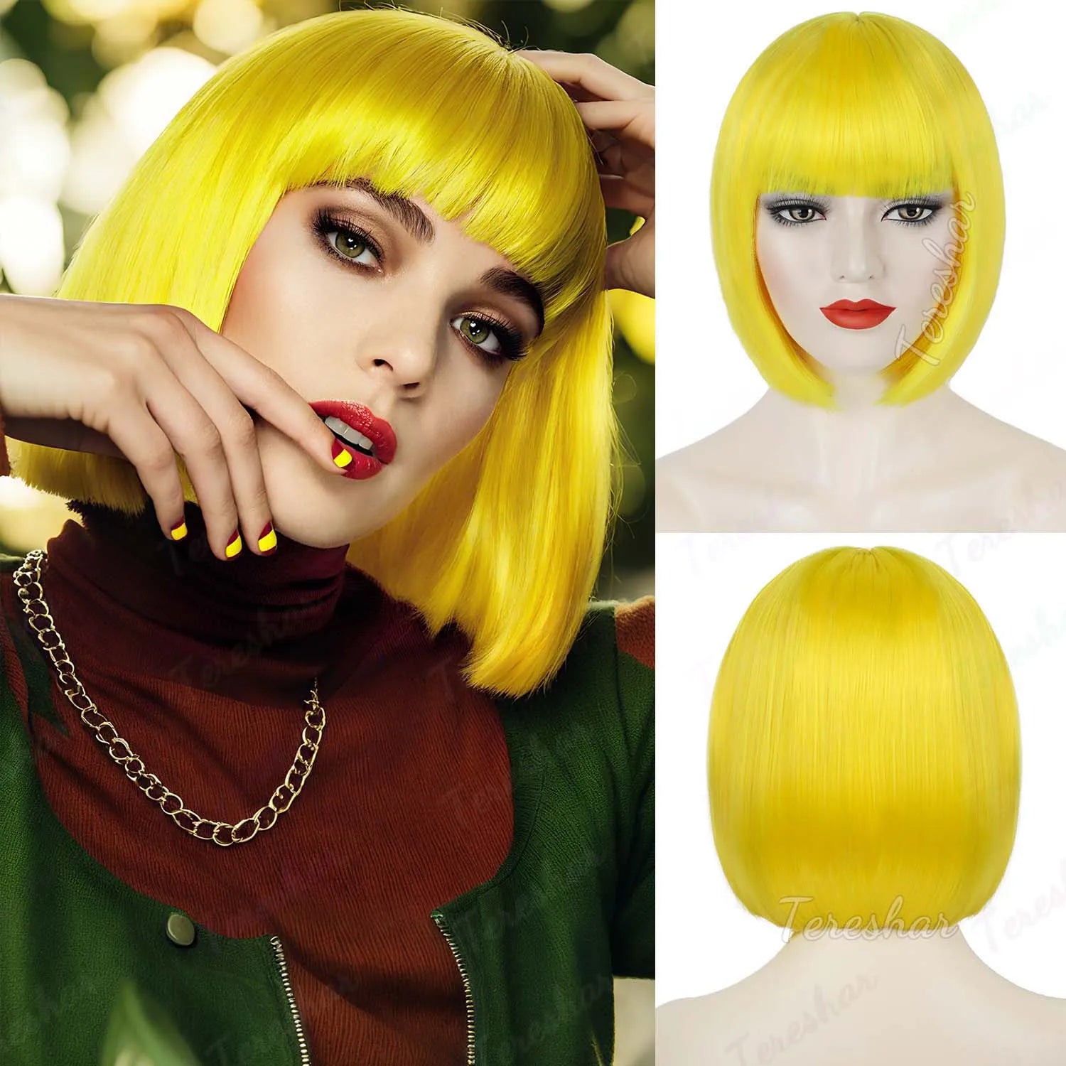 Short Straight Bob Synthetic Wig with Natural Bangs for Daily Wear - 12