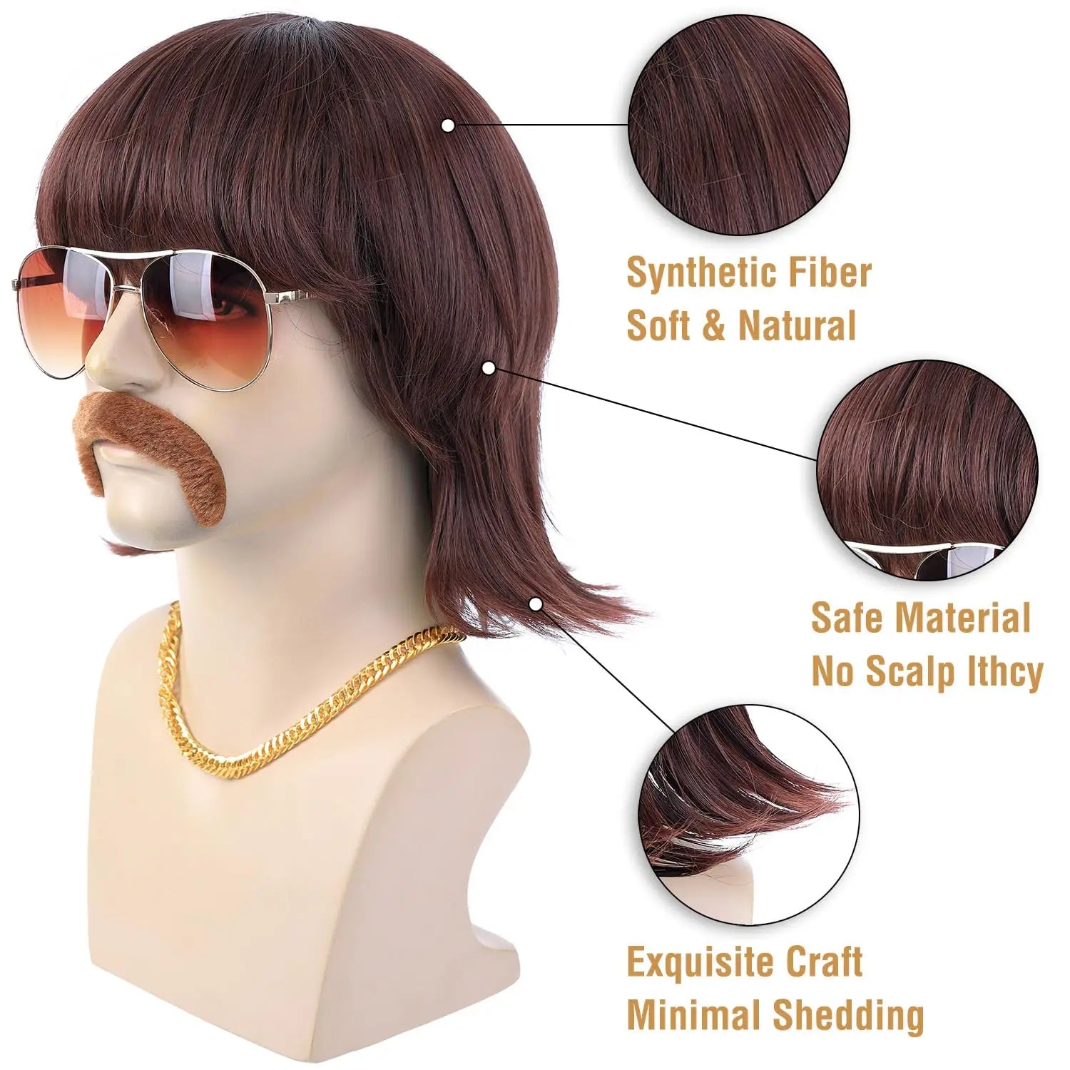 Short Brown Mullet Wig for 70s and 80s Disco Costume Cosplay Party - 3