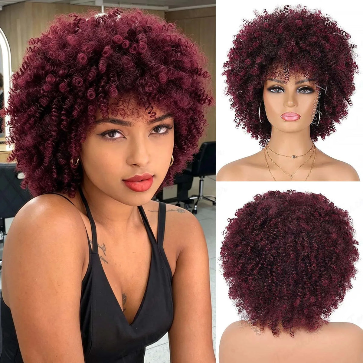 Short Afro Kinky Curly Synthetic Wig with Bangs for Daily Hair Styling