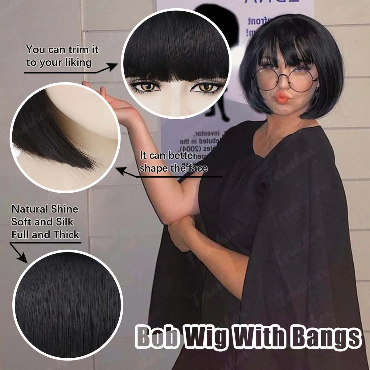 Short Black Bob Wig with Glasses for Costume and Cosplay